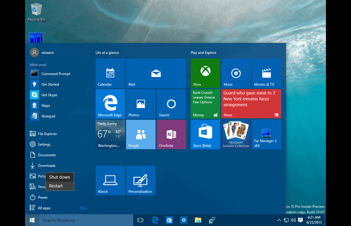 Windows 10 restart menu